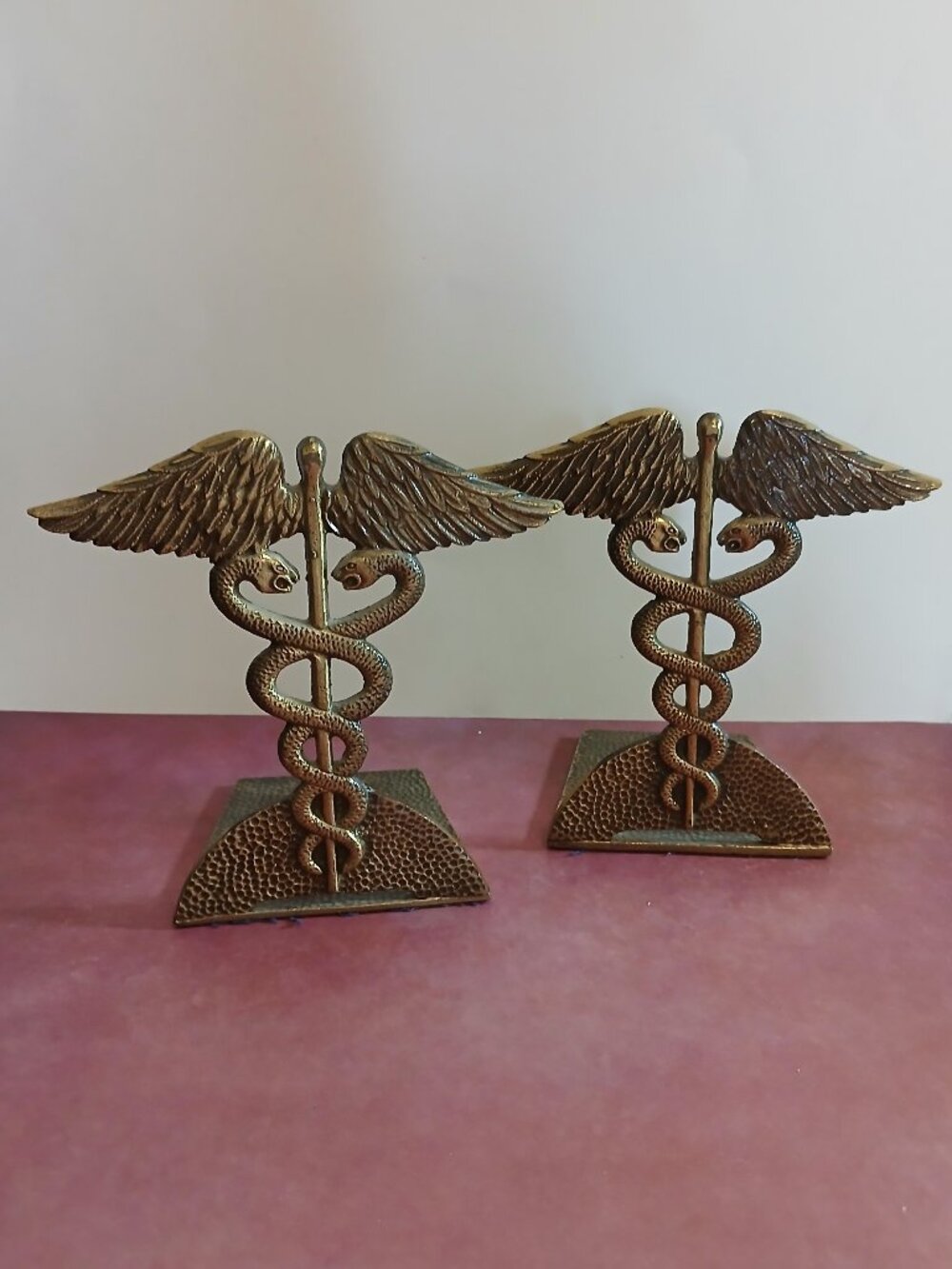 Vintage Brass Caduceus, Serpent & Wing Design Bookends-Israel